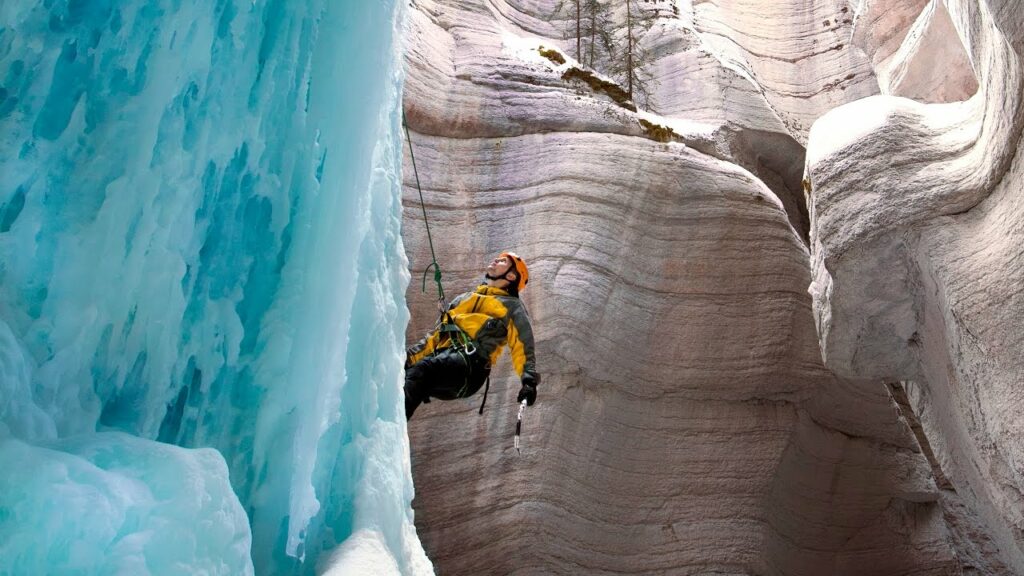 ICE CLIMBING FROZEN WATERFALL - JASPER ALBERTA